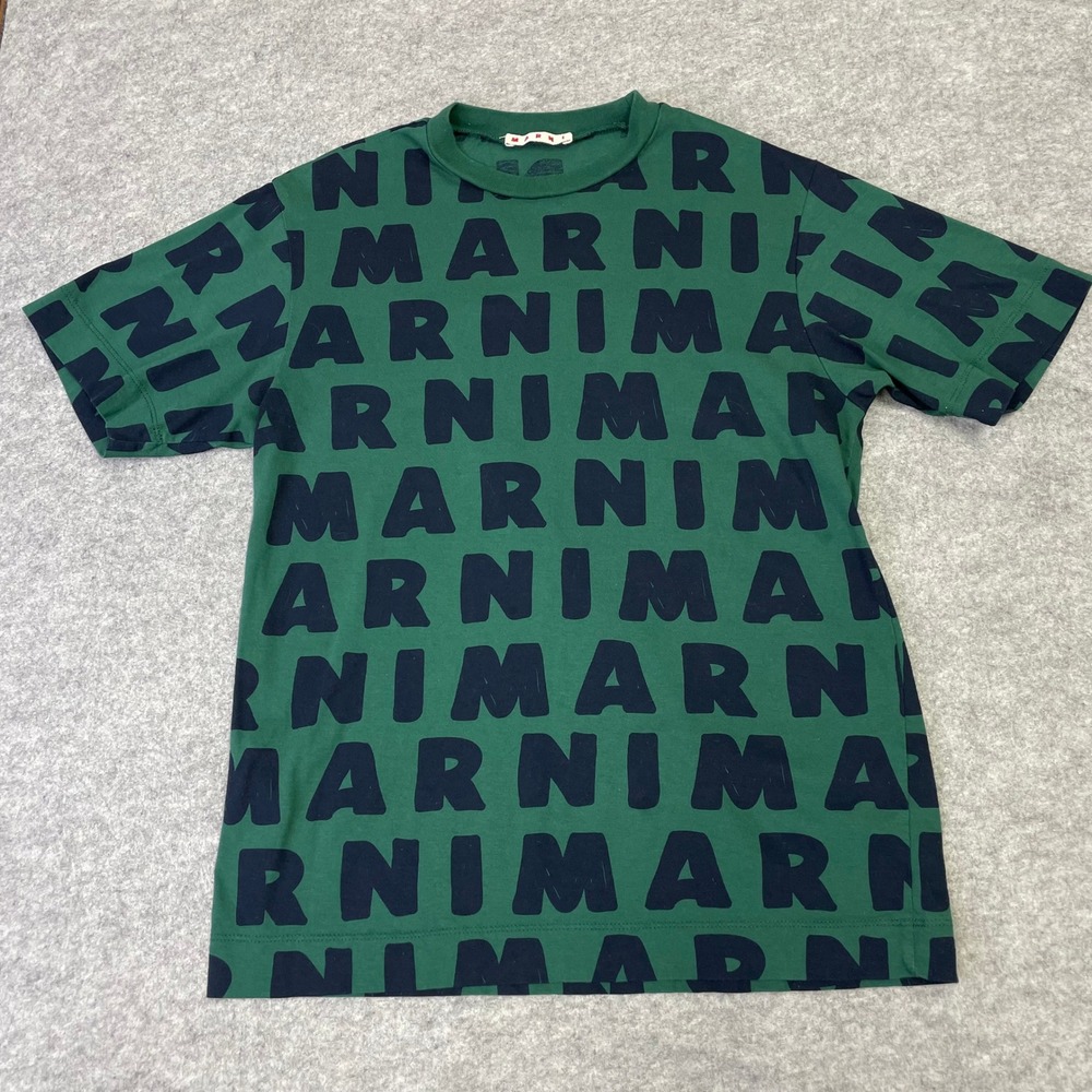 Marni Kids Green Black All Over Logo Print Cotton T-Shirt Size 12